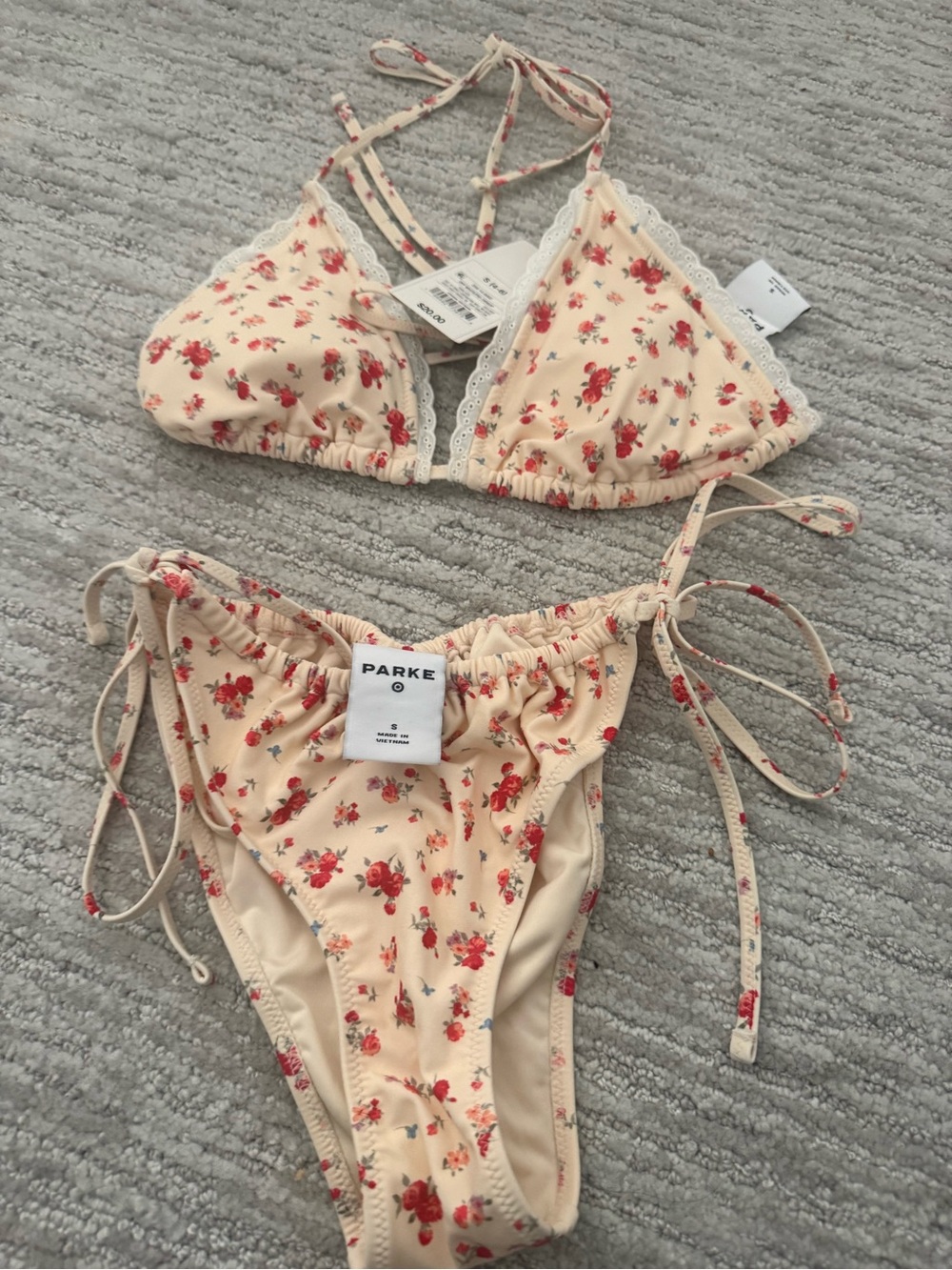 Parke Cream Floral Tie-Side Triangle Bikini Set